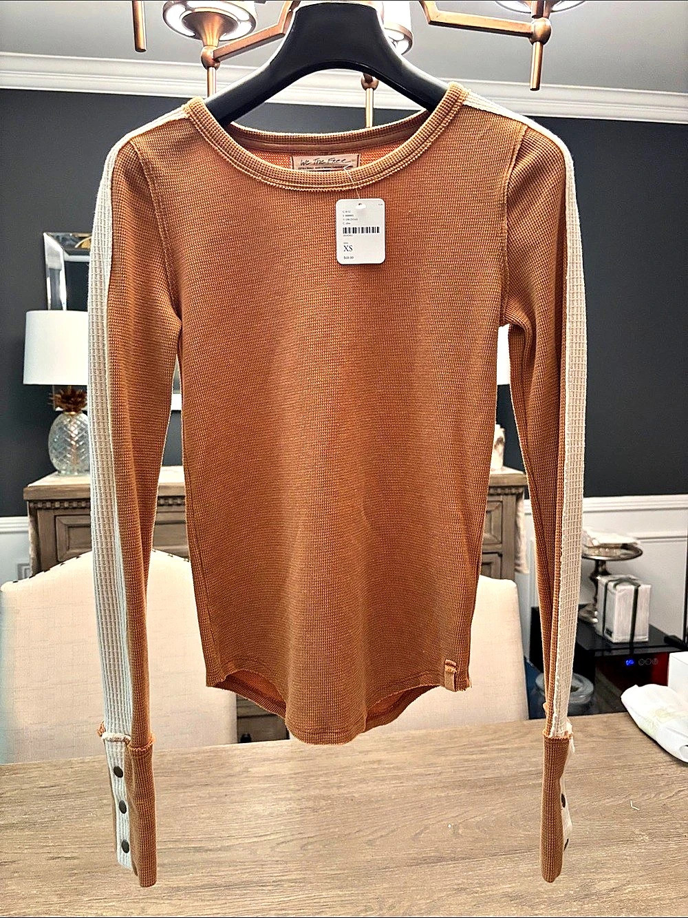 Free People Color Block Long Sleeve Top in Brown & White Size XS NWT